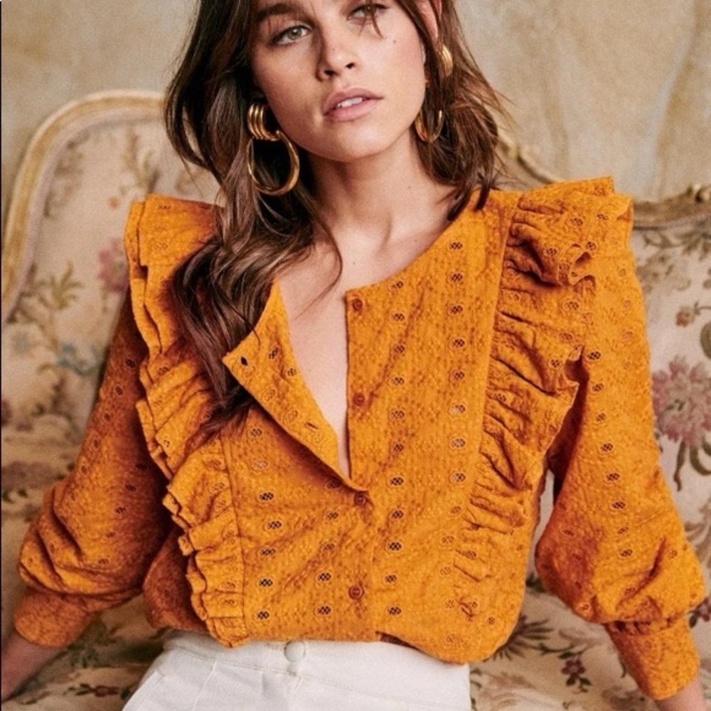 Sézane Boby Eyelet Ruffle Cotton Long Sleeve Blouse Saffran Mustard Size 36
